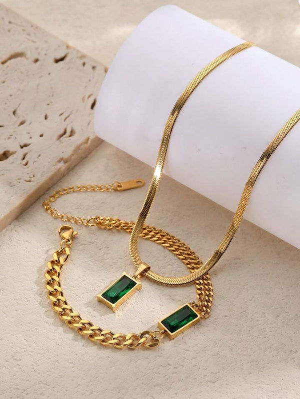 Green Zirconia Including French-style Knife Blade Pendant Necklace, Snake Bone Chain & Bracelet