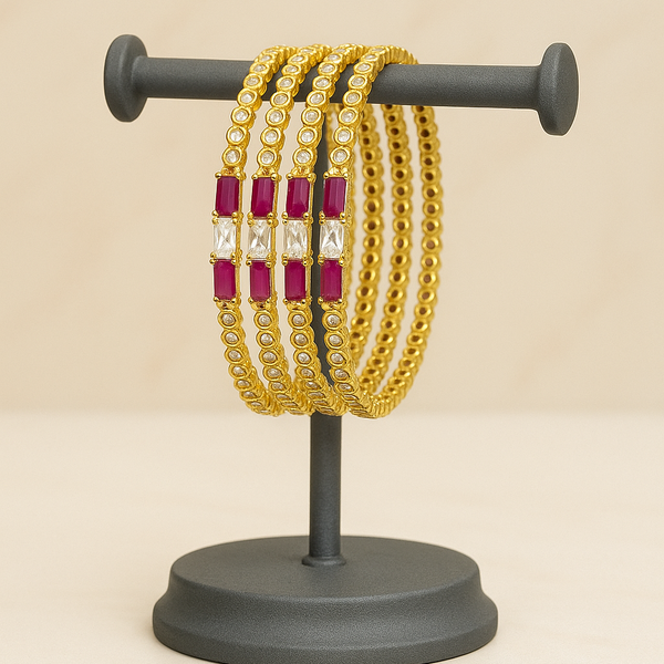 Gold-Plated Ruby and CZ Stone American Diamond Bangle Set (Set of 4)