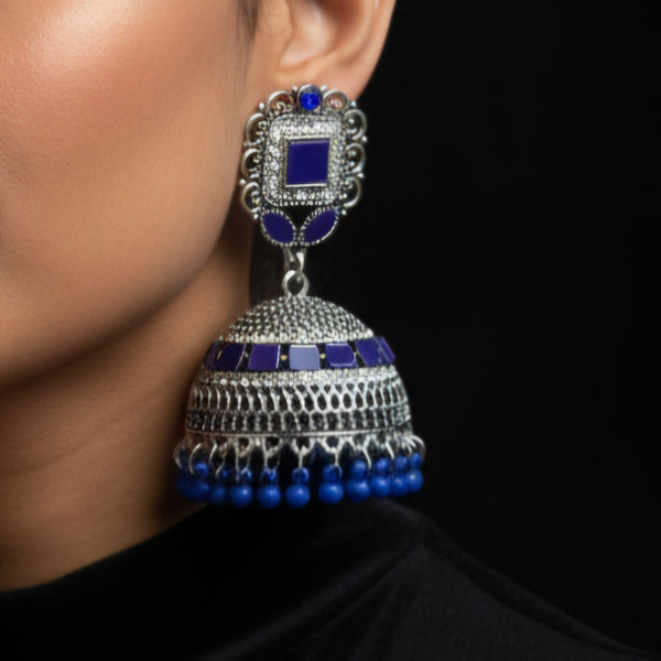 Antique Silver-Plated Jhumka Earrings with Blue Stone & Bead Accents