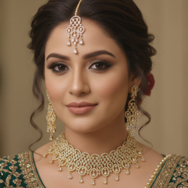 Gold-Tone American Diamond Choker Set with Chandbali Earrings and Maang Tikka