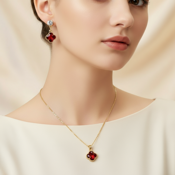 Ruby Luck: Red Four-Leaf Clover Necklace Set