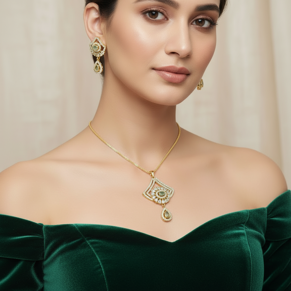 Golden Mint Glamour: AD Jewelry Necklace Set with Green Stones