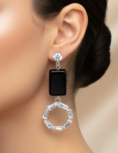 Black and White Hoop Silver Earrings