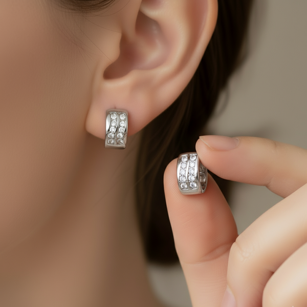 Two-Row Gemstone-Set Hoops Silver Earrings