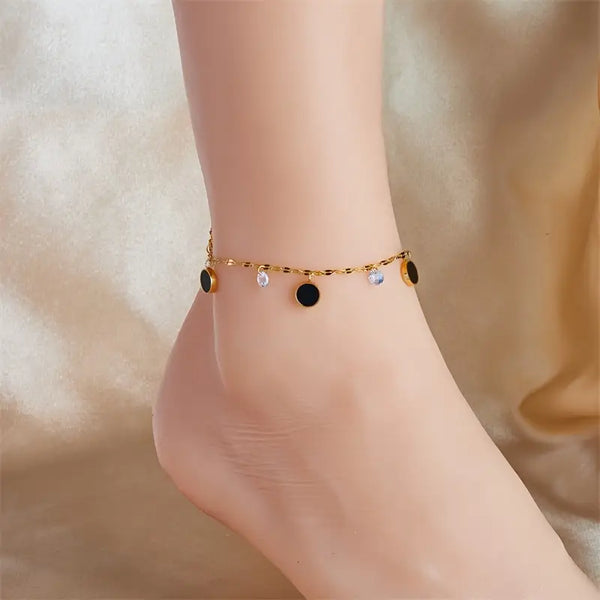 Elegant Gold Anklet with Black & Crystal Charms