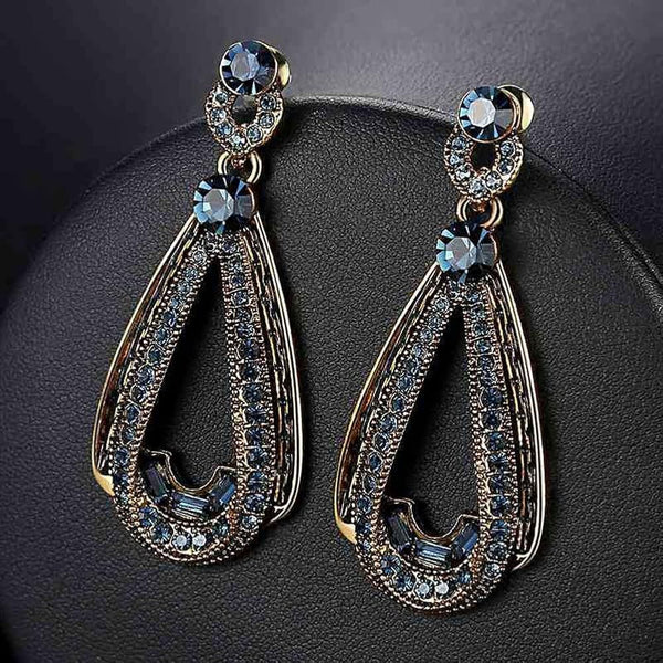 Luxury Classic Ocean Blue Navy Crystal's Water Tear Drop Clip Earings