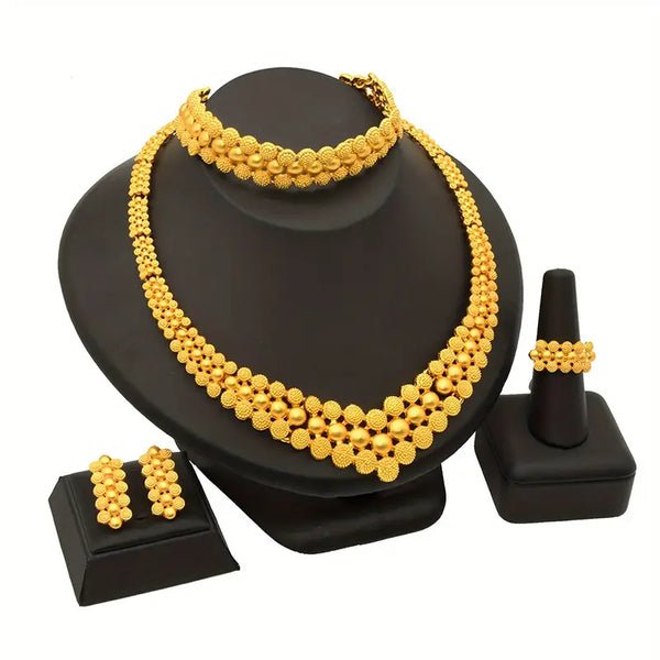 Luxurious Arabian Style Jewelry Set: 1 Necklace, 1 Bracelet, 1 Pair of Earrings, and 1 Ring