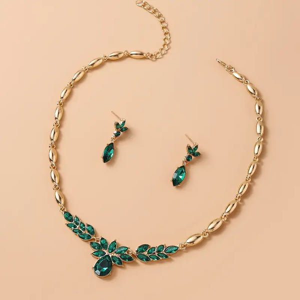 Crystal Gemstone Cluster V-Shaped Green Necklace Set