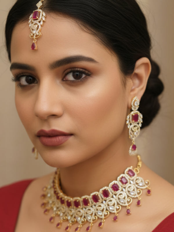 Traditional CZ and Ruby-Red Stone Grand Choker Set