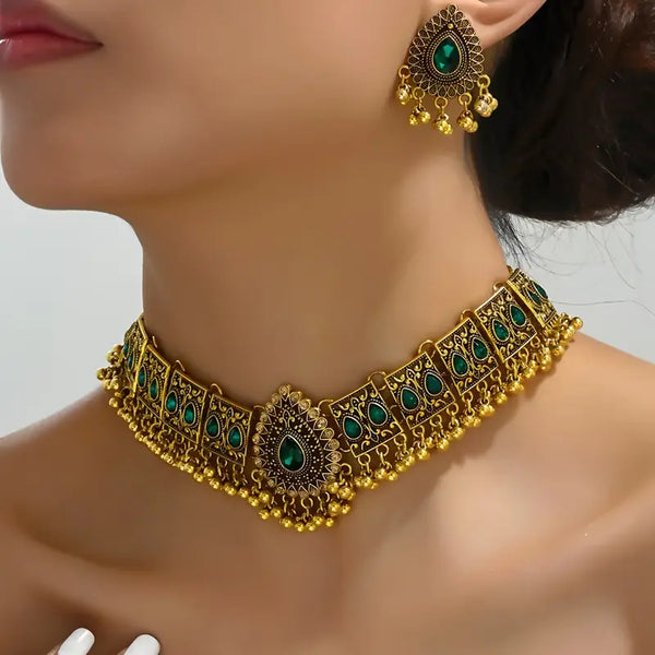 Mughal Inspired Gold-Tone Pearl Choker Necklace Set with Earrings