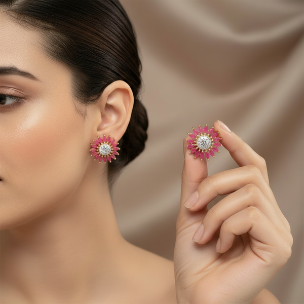 Elegant Pink Petal Floral Stud Earrings with CZ Center