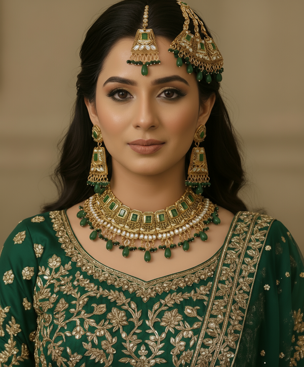 Bridal Treasure: Intricate Gold and Emerald Jewelry Set