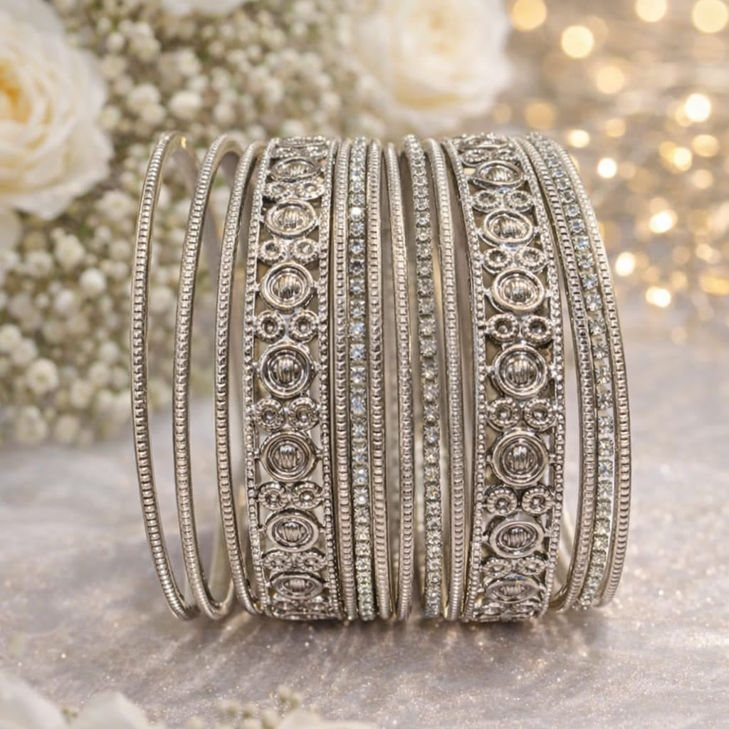 Classic Crystal Embellished Silver Bangle Stack – Rasam.pk