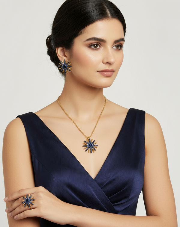 Sunflower Diamond-Cut Blue Necklace Set