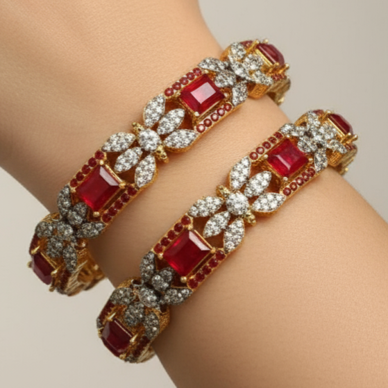 Exquisite Gold-Plated Ruby and Diamond-Cut Bangle Pair