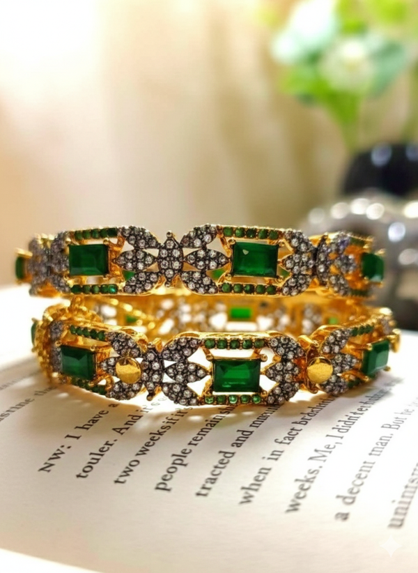 Exquisite Gold-Plated Emerald and Diamond-Cut Bangle Pair