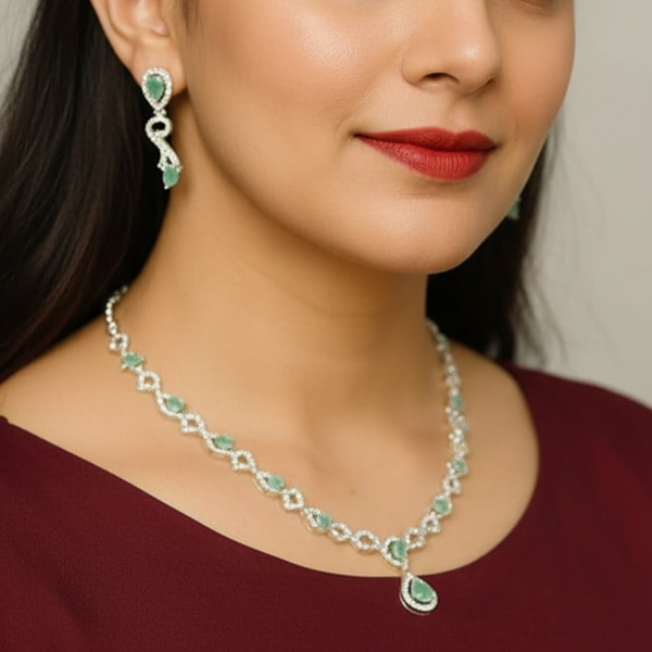 Elegant Sea Green Teardrop and American Diamond Pavé Necklace and Earring Set