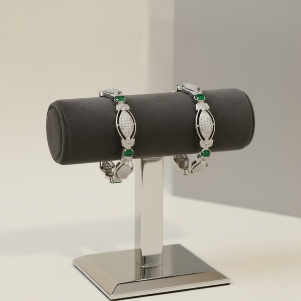 Silver-Toned Bangles with American Diamonds and Emerald-like Stones