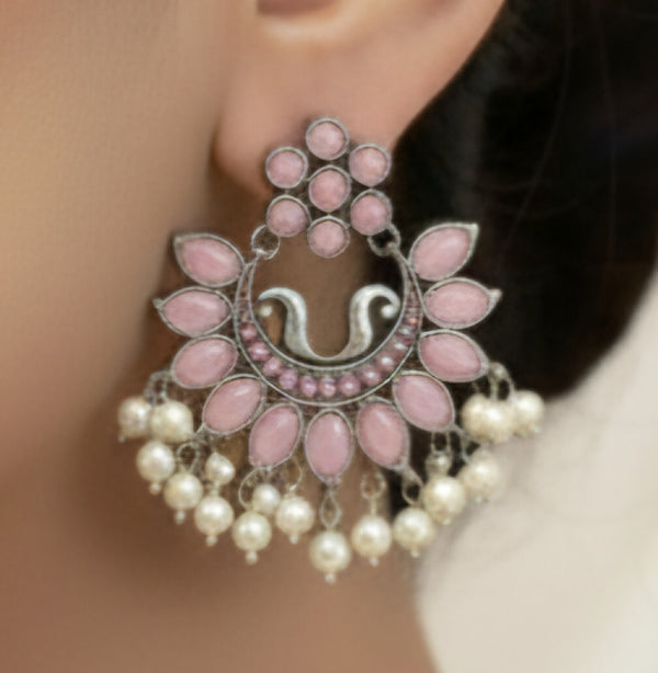Elegance: White Beads Oxidized Pink Stone Earrings