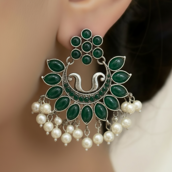 Elegance: White Beads Oxidized Green Stones Earrings
