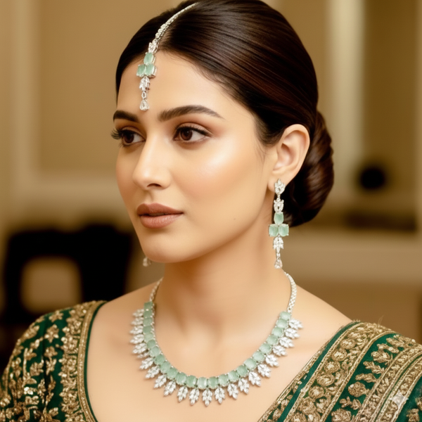 Icy Green Elegance: American Diamond (CZ) Necklace Set
