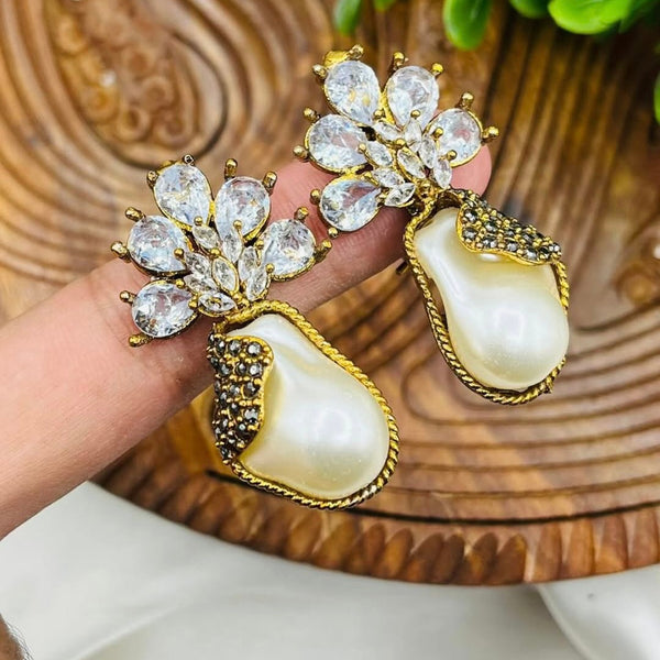 Royal Floral White CZ and Baroque Pearl Drop Earrings