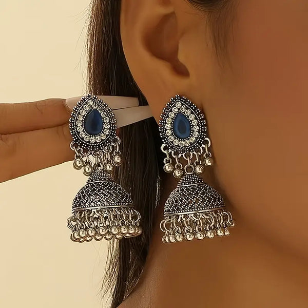 Blue Stone Jhumka Earrings | Water Drop Silver Jewelry