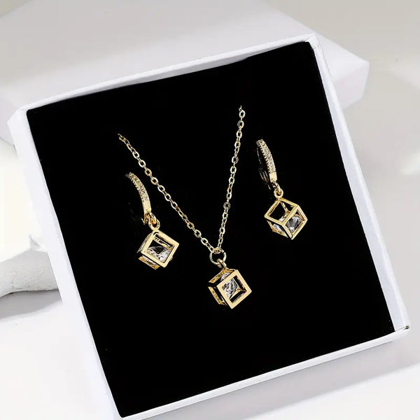1 Fashionable Stainless Steel Cubic Synthetic Zirconia Cube Earrings Necklace Set