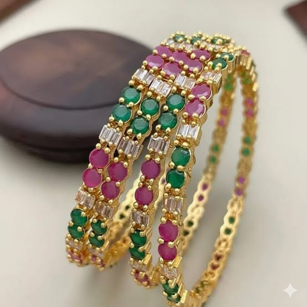Gold-Plated Ruby, Emerald, and CZ Stone American diamond Bangle Set (Set of 4)