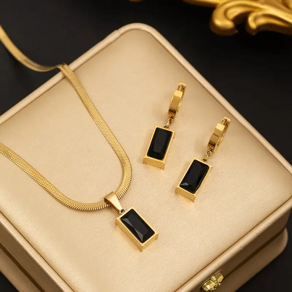 Black Zirconia Set Including French-style Knife Blade Pendant Necklace, Snake Bone Chain & Earrings