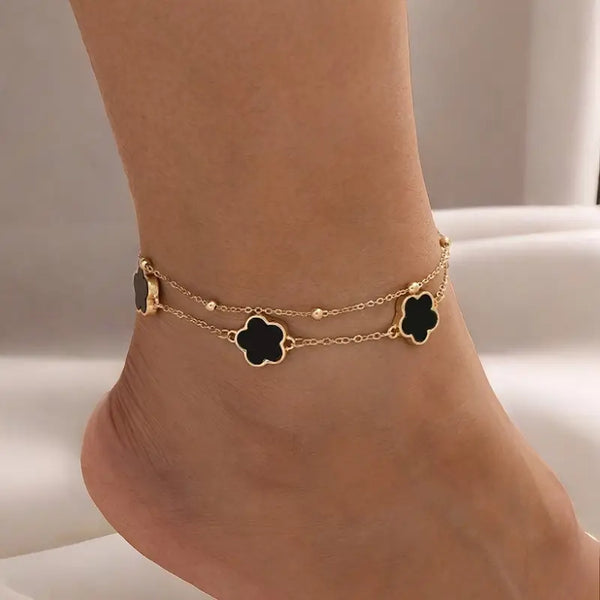 Boho Style Lucky Clover Double Layered Anklet - Golden Alloy, Dainty Chain