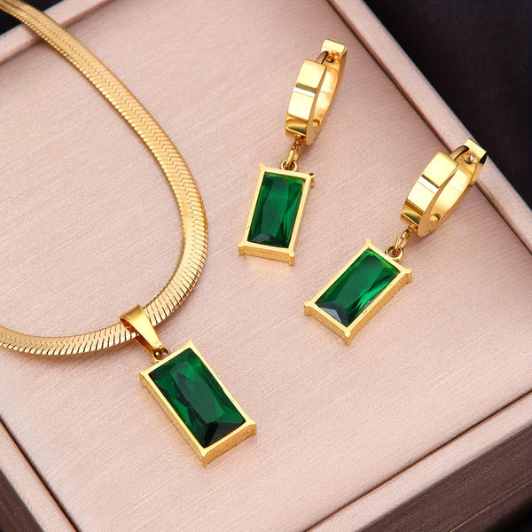 Green Zirconia Set Including French-style Knife Blade Pendant Necklace, Snake Bone Chain & Earrings