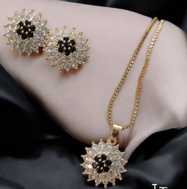 Dazzling Gold-Plated Necklace Set with Black and White Zircon Stones