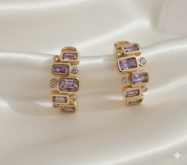 Xuping Elegant Golden and Purple Stone Hoop Earrings