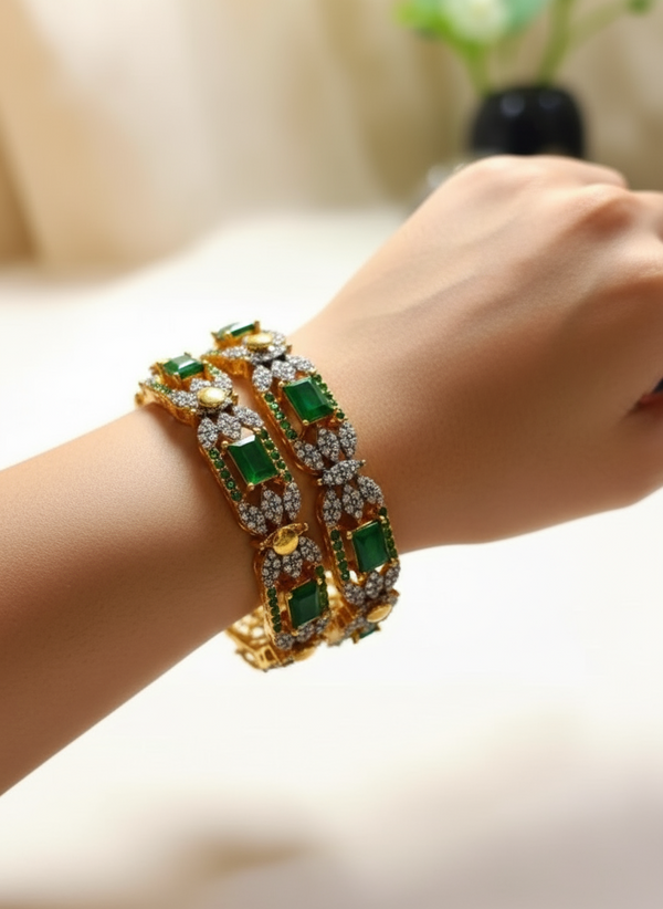 Exquisite Gold-Plated Emerald and Diamond-Cut Bangle Pair